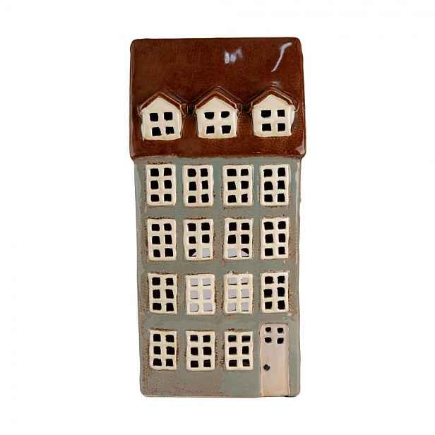 Šedý keramický svícen na čajovou svíčku domek Amster Village - 15*11*30 cm Clayre & Eef