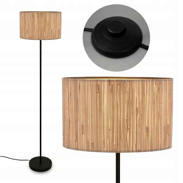 Stojací stojací lampa E27 černá kovová, přírodní boho stínidlo do Obývacího Pokoje
