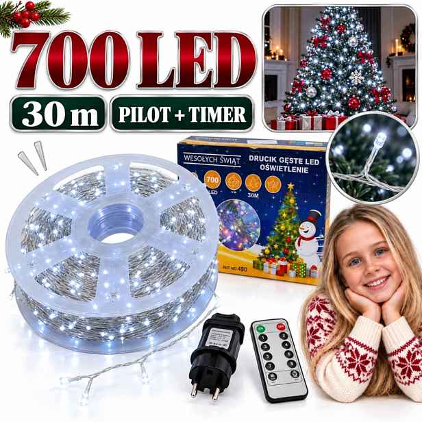 Vánoční Osvětlení Na Stromeček 700 Led 30 M Studené Bílé Na Drátku Pilot Časovač 8 Funkcí