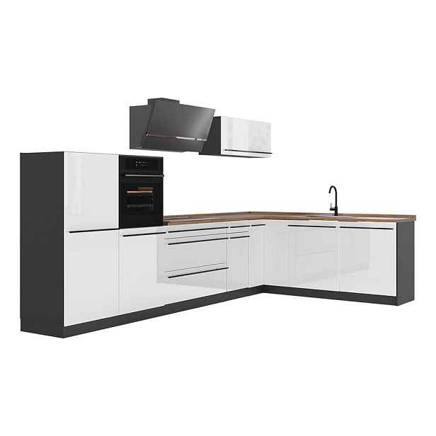 Vicco ROHOVÁ KUCHYŇ R-Line, Bílá vysoký lesk/Antracit, 347 x cm pracovná doska Dub Goldkraft