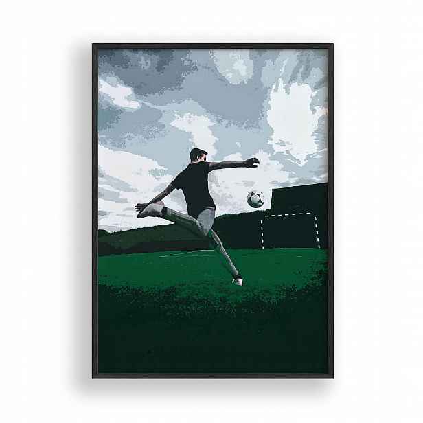 Obraz Fotbalista Střelba na branku Plakát Rámeček Dřevěný Černý 30x42 cm