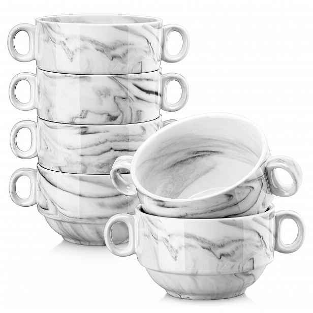 TEMU Sada 6 mramorově šedých porcelánových mís s uchy, 390 ml misky na cereálie, misky na polévku, misky na těstoviny, misky na dezerty na snídani