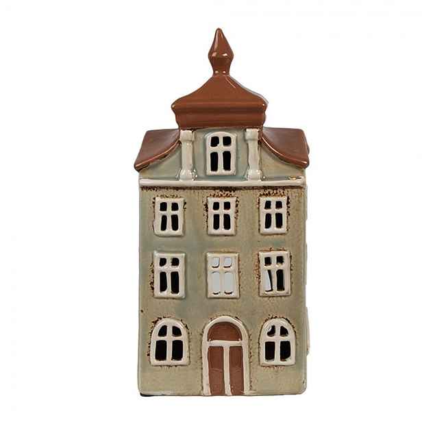 Zelený keramický svícen na čajovou svíčku domek Amster Village - 12*9*25 cm Clayre & Eef