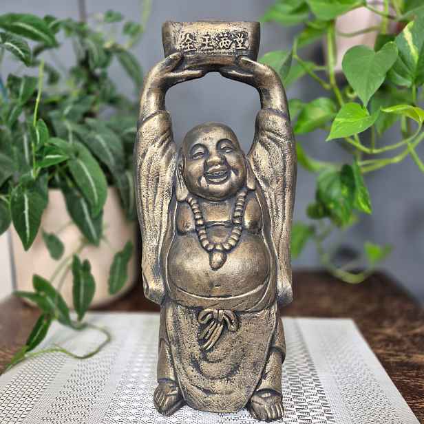Betonová zahradní figurka Usměvavý Buddha 9 kg 41 cm Zlatá pro dům, zahradu