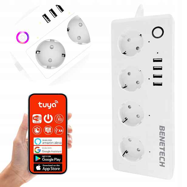 Inteligentní Zásuvková Lišta Prodlužovací Kabel WiFi Tuya 1,5 M 4 Zásuvky 4x Usb