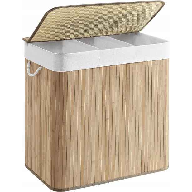 Songmics Koš na prádlo bambusový 150l, třídící, 3 přihrádky, bambus, textil