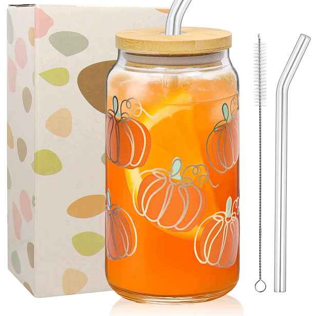 Skleněný Hrnek Halloween 500 ML S Víčkem A Brčkem, Motiv Dýně