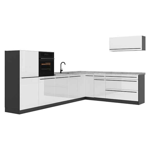 Vicco ROHOVÁ KUCHYŇ R-Line, Bílá vysoký lesk/Antracit, 327 x cm pracovná doska Mramor