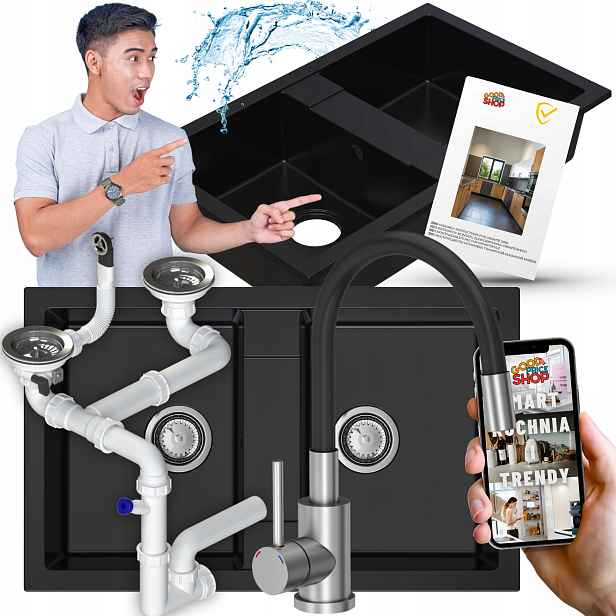 Granitový Dvojdřez Černý S Kuchyňskou Baterií A Sifonem 7v1