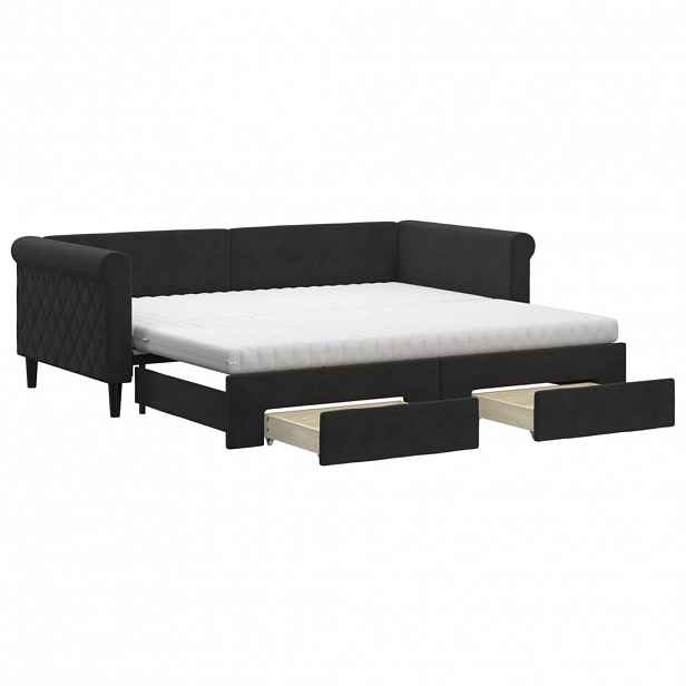 vidaXL Válenda s přistýlkou a zásuvkami černá 90 x 190 cm samet
