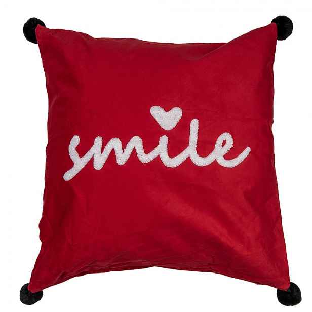 Červený povlak na polštář s vyšitým nápisem Smile - 45*45 cm Clayre & Eef