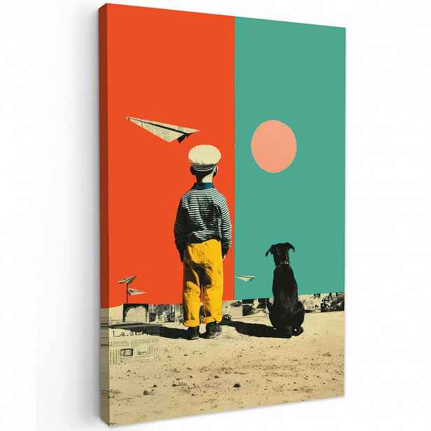 MuchoWow OBRAZ NA PLÁTNĚ Retro - Chlapec - Pes - Červená - Zelená 60x90 cm