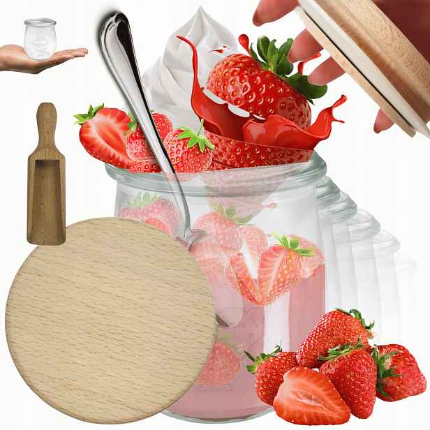 Sklenice Weck 220 ml zavařeniny Tulip žáruvzdorné dřevěné víko 12 Ks odměrka