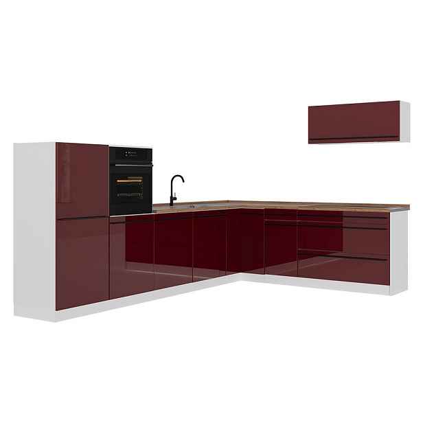 Vicco ROHOVÁ KUCHYŇ R-Line, Červená vysoký lesk/Bílá, 327 x cm pracovná doska Dub Goldkraft