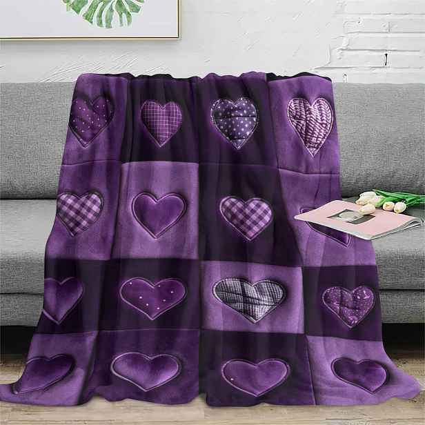 TEMU Western Romantic Fleece s fialovým srdcem, oboustranná měkká a k pokožce šetrná hřejivá , celoroční použití do ložnice, obývacího pokoje, na
