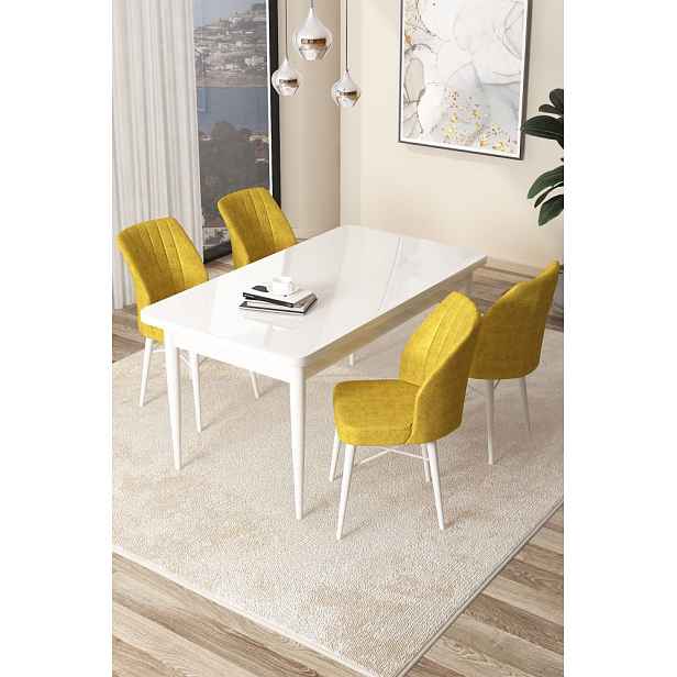 Dining Table & Chairs Set (5 Pieces) Arp - White, Mustard