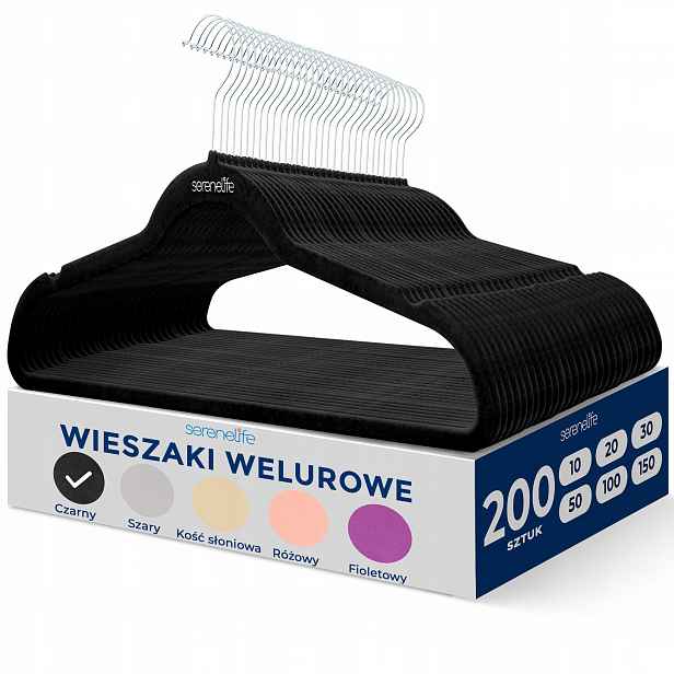 Velurové Věšáky Na Oblečení Černé 200 Ks, Sada Serenelife, Silné