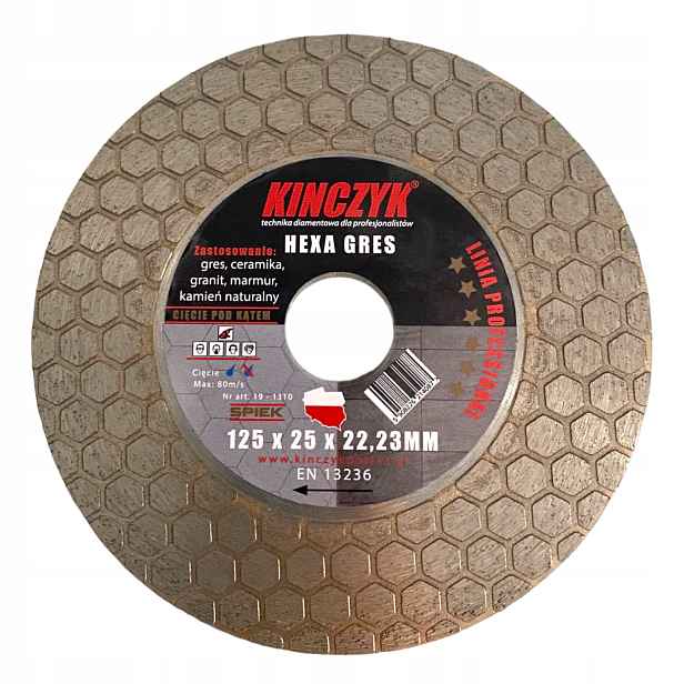 Diamantový kotouč 125x25x22,23 mm Kińczyk Hexa-gres pro řezání pod úhlem 45°