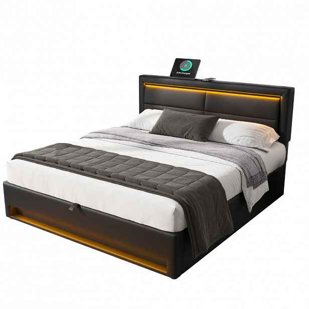 FLIEKS ČALOUNĚNÁ POSTEL 140x190 Černá PU LED USB Úložný Prostor