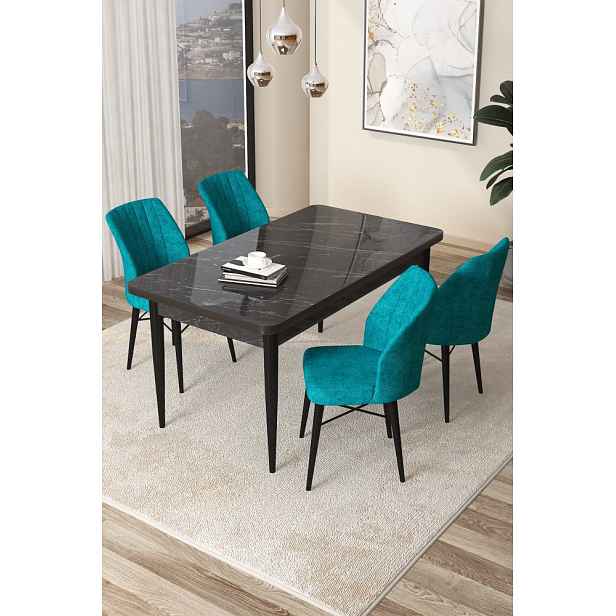 Dining Table & Chairs Set (5 Pieces) Arp - Black Marble, Turquoise