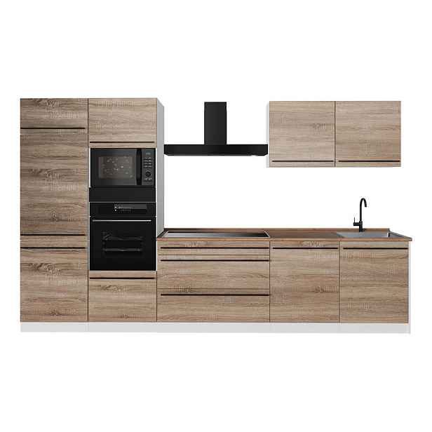 Vicco KUCHYŇSKÝ KOUT R-Line, Sonoma/Bílá, 340 cm bez pracovní desky