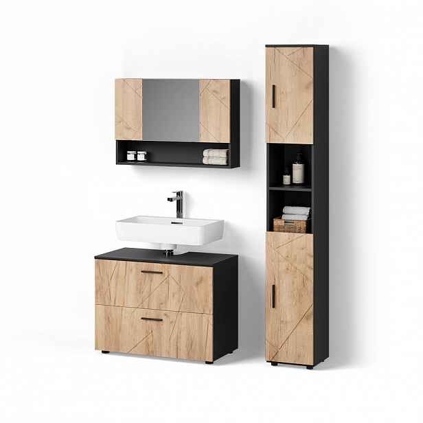 Livinity® SADA NÁBYTKU DO KOUPELNY Ronco, Zlatý mocný dub/Antracit, 3dílná