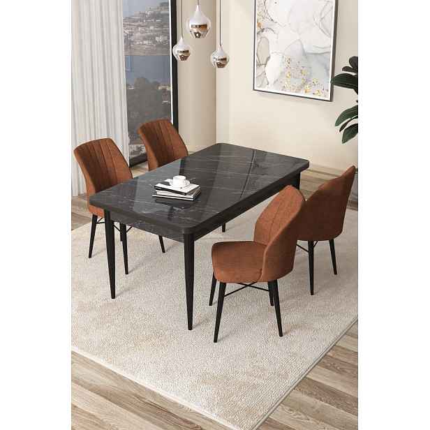 Dining Table & Chairs Set (5 Pieces) Arp - Black Marble, Tile Red