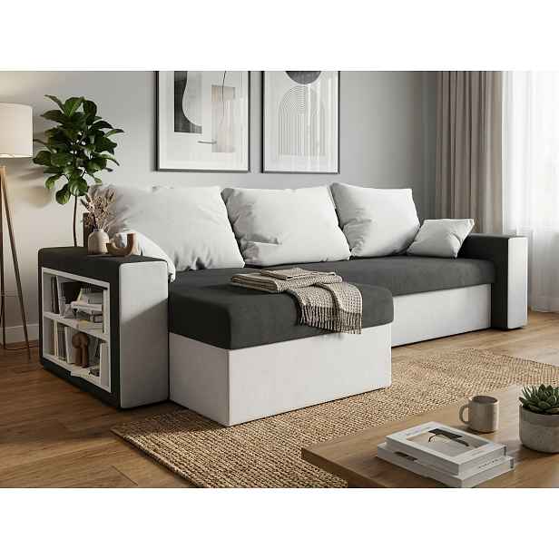 Rozkládací oboustranná sedací souprava do L NORIX 240x140 cm, šedá/bílá s policí + 2 polštářky ZDARMA