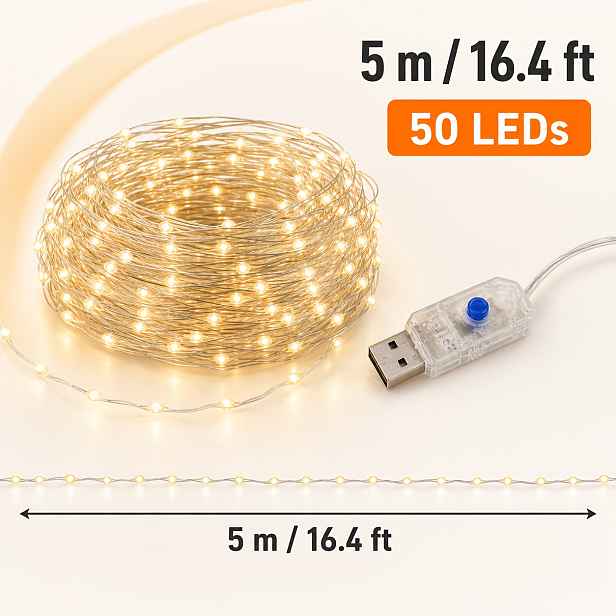 TEMU 1 ks Teplé bílé pohádkové světelné řetězy, vnitřní světelný řetěz, 5M 50LED měděný drát napájený přes USB, flexibilní stříbrný drát, LED ozdoba