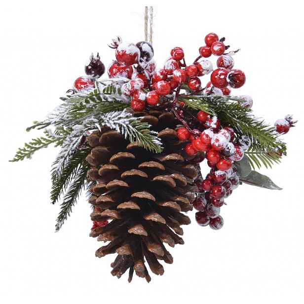 Závěsná vánoční dekorace Šiška s bobulemi, zasněžený efekt