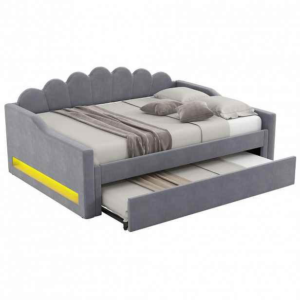 CHICFURN DENNÍ POSTEL 140/200 cm v šedé barvě s výsuvným lůžkem a LED osvětlením