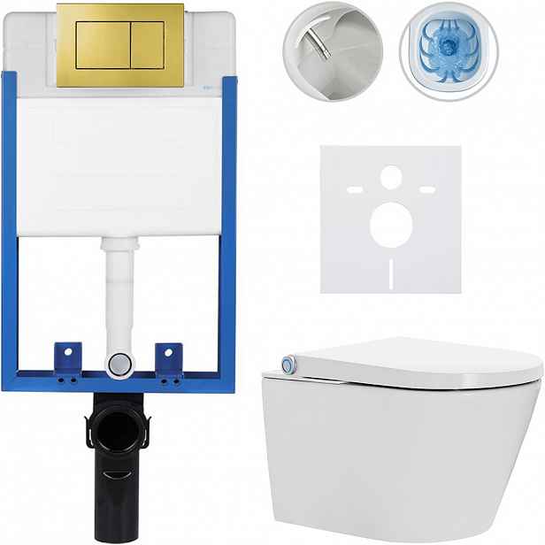 Kompletní WC set Profi/Cronus Standard - bílá lesklá - WC tlačítko Classic/Zlatá - pro zazdění - 59,3x38,4 cm