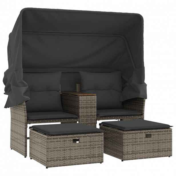 vidaXL Zahradní pohovka 2místná se stříškou a taburety šedá polyratan