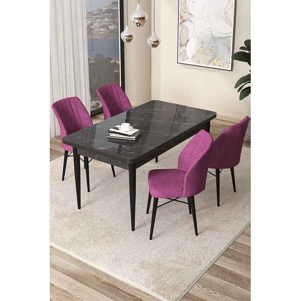 Dining Table & Chairs Set (5 Pieces) Arp - Black Marble, Purple