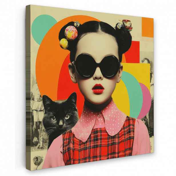 MuchoWow OBRAZ NA PLÁTNĚ Dívka - Sluneční brýle - Kočka - Retro 20x20 cm