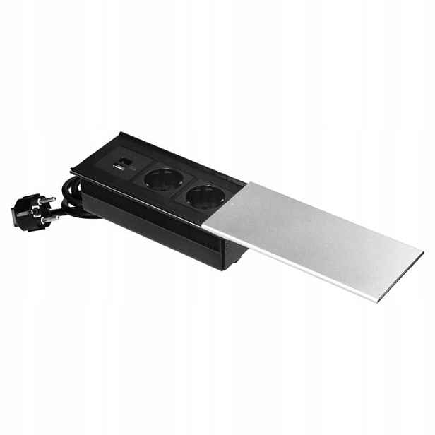 Nábytková zásuvka s posuvným krytem, 2x 2P+Z (Schuko), Usb A+c, stříbrná