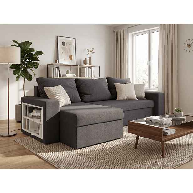Rozkládací oboustranná sedací souprava do L NORIX 240x140 cm, tmavě šedá s policí + 2 polštářky ZDARMA