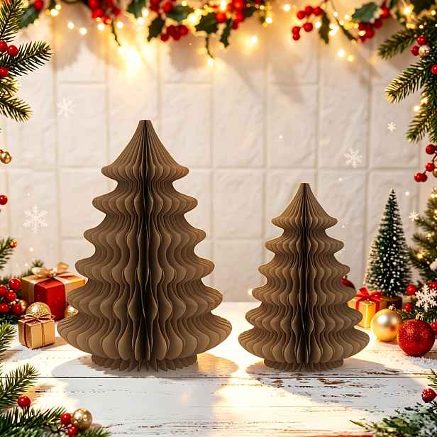TEMU 2 ks 3D vánočních papírových stromků s voštinovou strukturou, 2 velikosti, skládací voštinové figurky, ozdoby na vánoční stůl, sváteční párty
