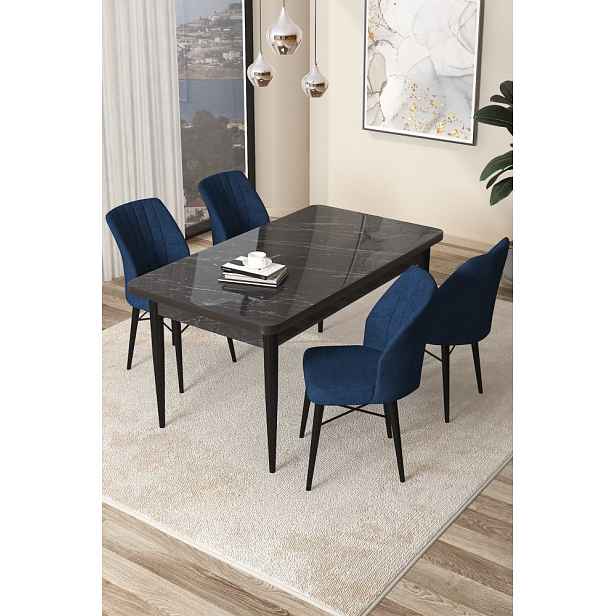 Dining Table & Chairs Set (5 Pieces) Arp - Black Marble, Navy Blue