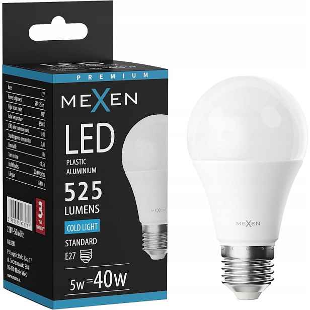 Mexen Nova Led Žárovka E27 A60 5W Studená Bílá 6500K 525 LM