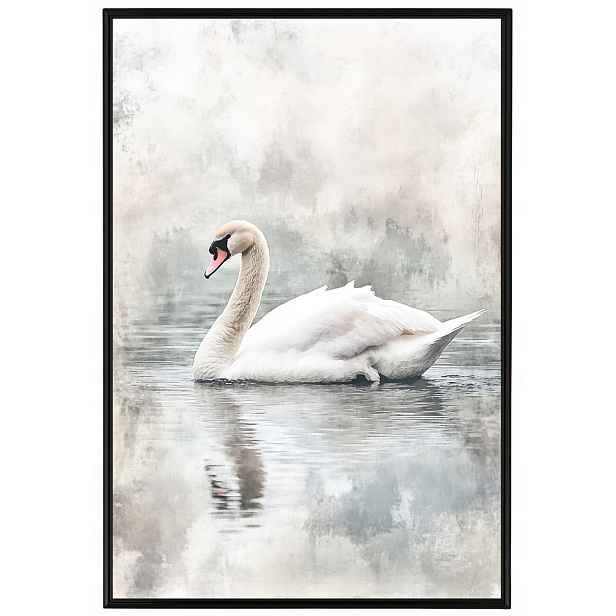 Plakát Rámeček Aluminium Příroda Jezero Rybník Pták Labuť Mlha Šedá 40x60