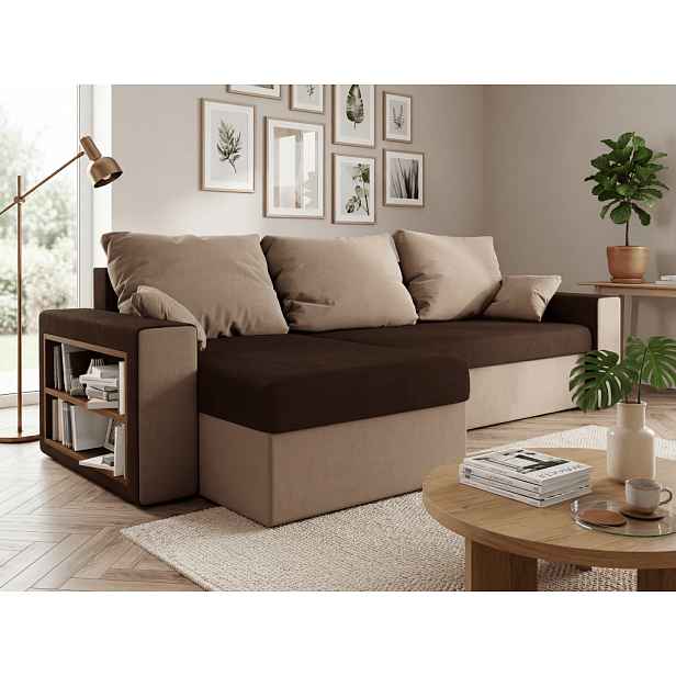 Rozkládací oboustranná sedací souprava do L NORIX 240x140 cm, tmavě hnědá/světle hnědá s policí + 2 polštářky ZDARMA