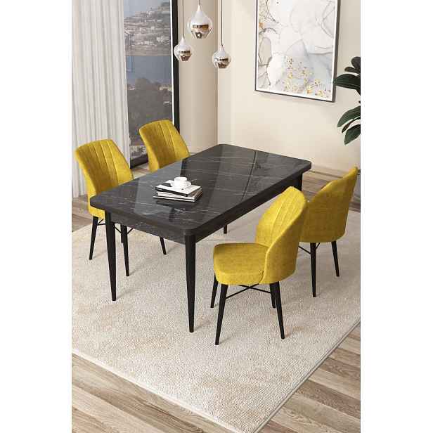 Dining Table & Chairs Set (5 Pieces) Arp - Black Marble, Mustard