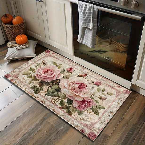 TEMU 1 ks Retro Růžová Květinový Design Koupelnová Protiskluzová Podložka - Umělý Materiál Obdélníková Podlahová Rohožka, Absorpční A Protiskluzová,