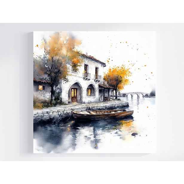 Obraz Na Plátně Canvas Krajina Jižní Voda Dům Vila Loďka Podzim 50x50