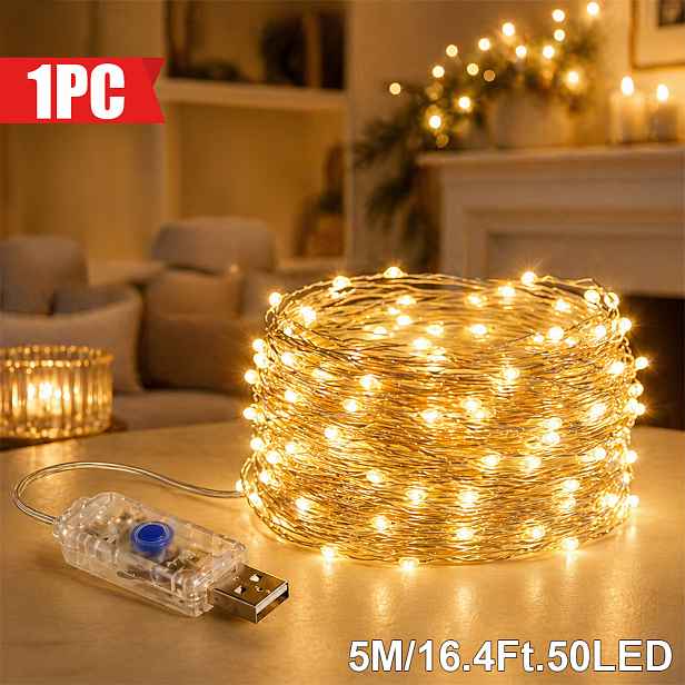 TEMU 1 ks, Majisu Smart USB měděné drátěné LED světla, teplá bílá 300/200/100/50 LED, 8 režimů pro interiér, dekorace na poličku, pro ložnici, okno,