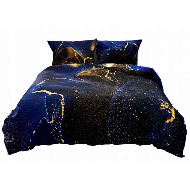Povlečení 220 x 200 cm bavlněný satén, souprava tmavě modré barvy se zlatým fototiskem