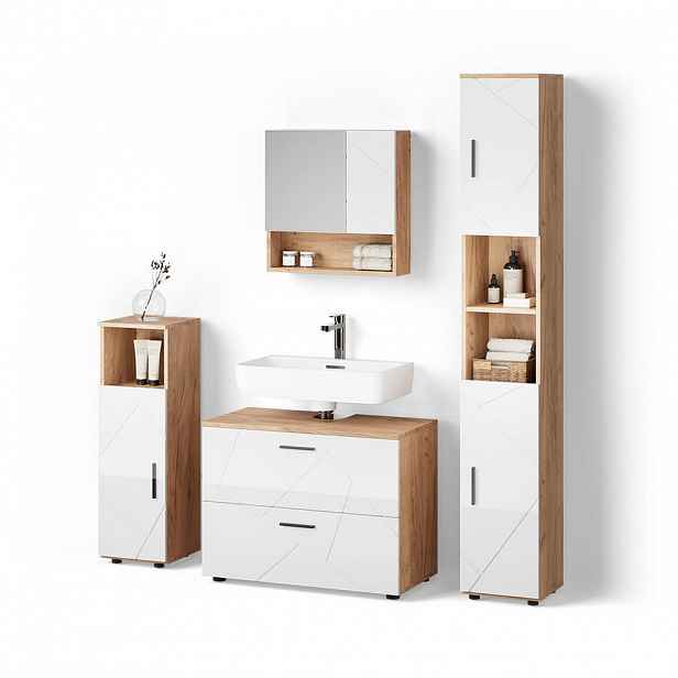 Livinity® KOUPELNOVÝ NÁBYTEK Ronco, Bílá vysoký lesk/Zlatý mocný dub, 4dílná