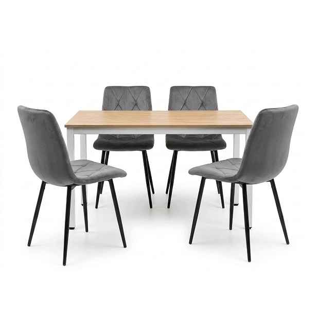 Loftový jídelní set 120x60 cm, dekor dub sonoma, 4 šedé čalouněné židle