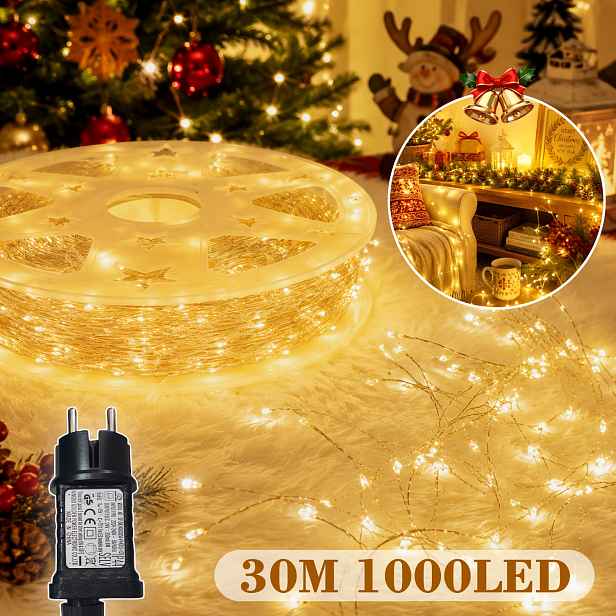 TEMU 1000/500 LED Zásuvné interiérové dekorativní pohádkové světla, 8 režimů svícení s pamětí a funkcí časovače, mřížkou měděných drátů, možnost